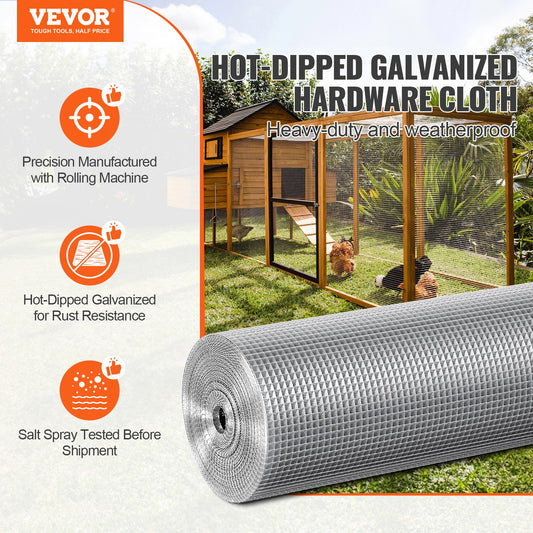 VEVOR Hardware Cloth, 6.35mm 915mm×15.24mm 23 Gauge, Hot Dipped Galvanized Wire