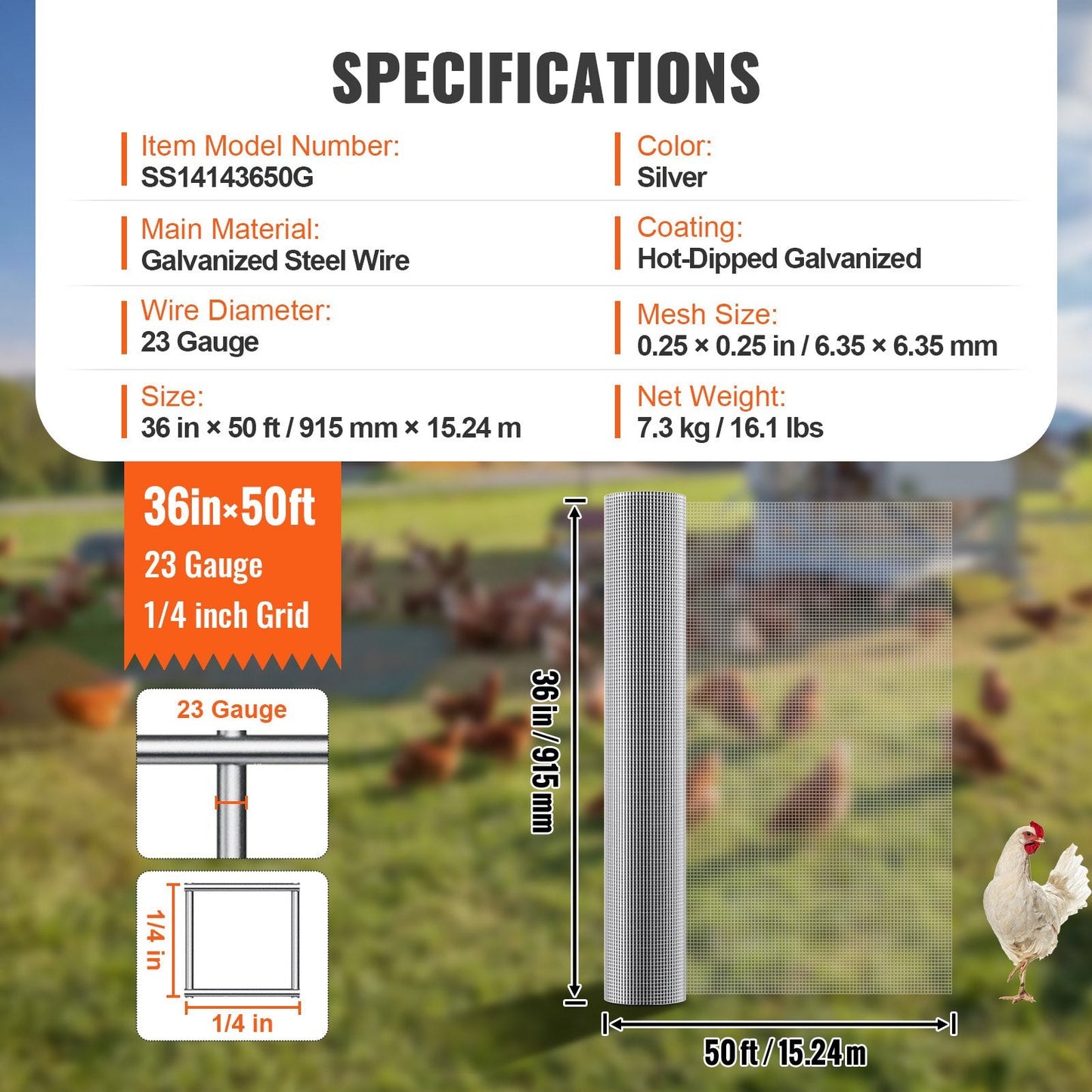 Galvanized Steel Wire Mesh Roll, 6.35mm Mesh, 915mm x 15.24m, 7.3kg
