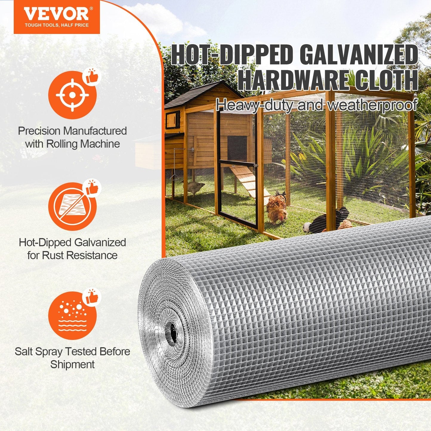 Galvanized Steel Wire Mesh Roll, 6.35mm x 1220mm x 30.48m, 23 Gauge, Silver
