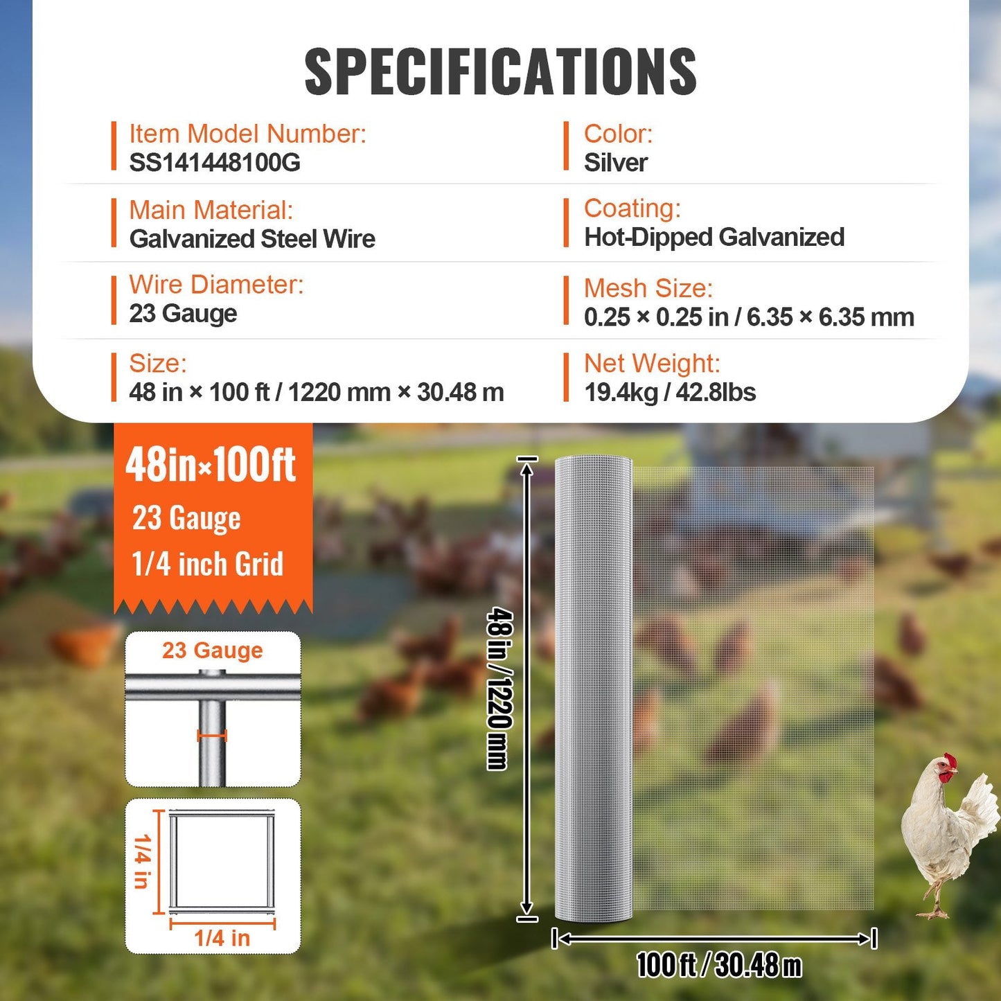 Galvanized Steel Wire Mesh Roll, 6.35mm x 1220mm x 30.48m, 23 Gauge, Silver
