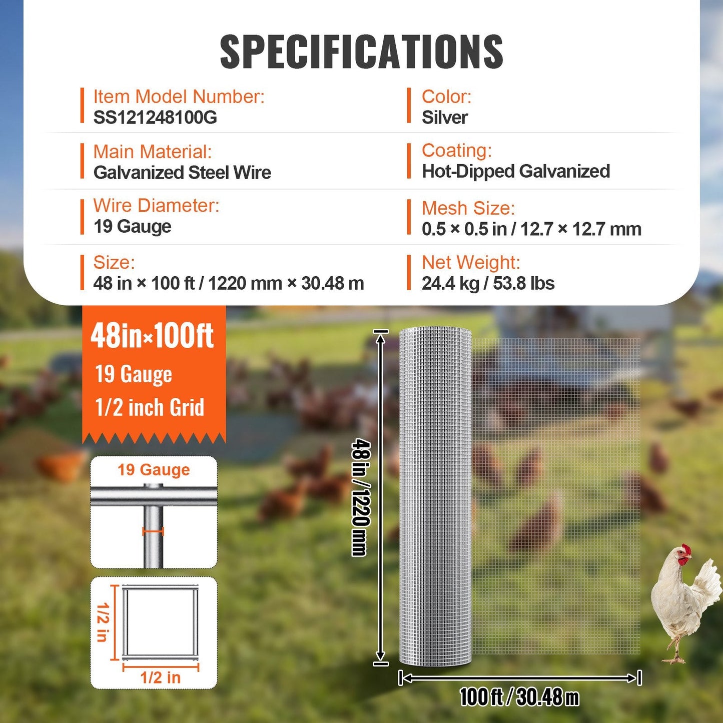 Galvanized Wire Mesh Roll, 12.7mm x 1220mm x 30.48m, 19 Gauge, for Fencing