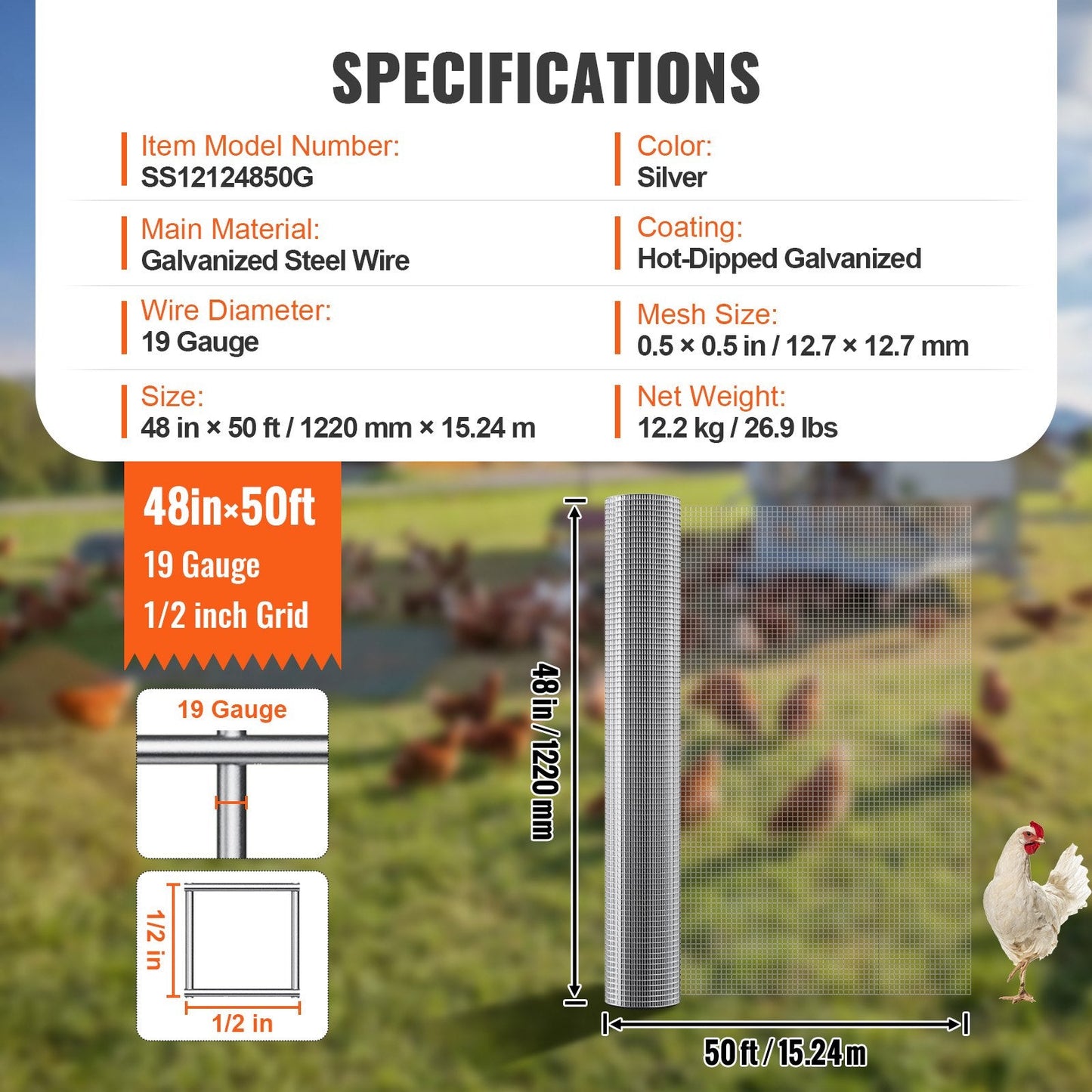 Galvanized Steel Wire Mesh Roll, 12.7mm, 1.22m x 15.24m, 19 Gauge Fencing