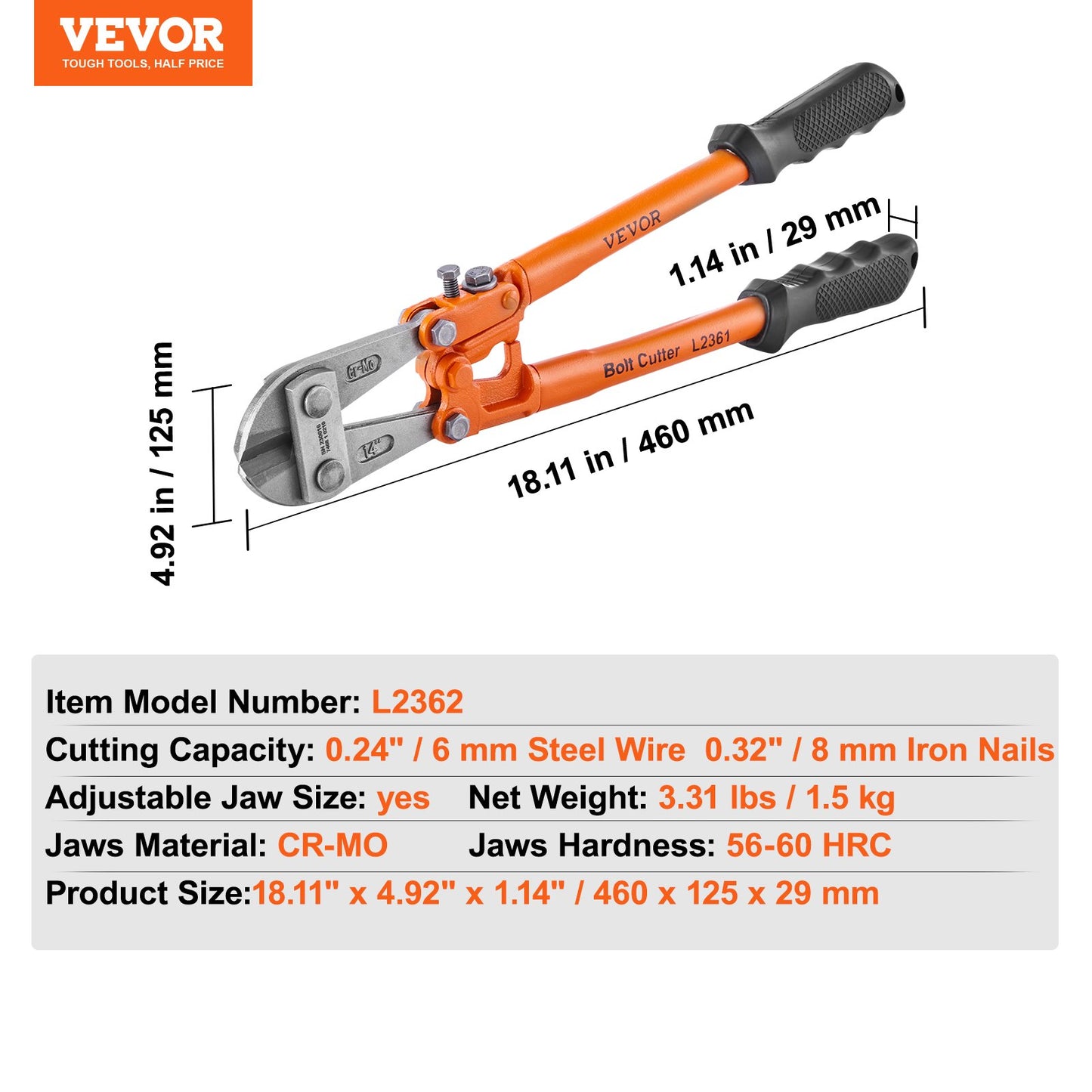 VEVOR Bolt Cutter 18" Lock Cutter Bimaterial Handle with Rubber Grip Alloy Steel