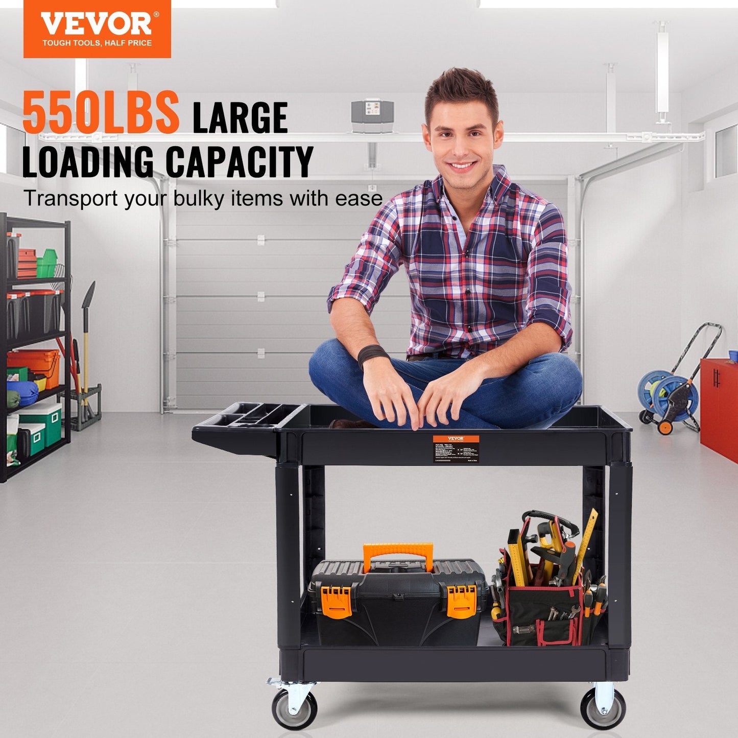 Heavy Duty Rolling Utility Cart with 2 Shelves, 250 kg Capacity, Ergonomic Handle