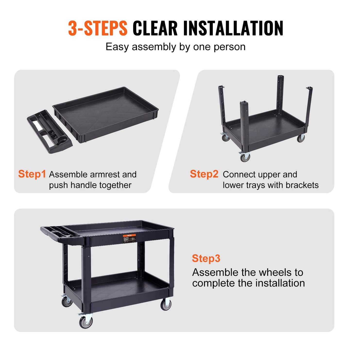 VEVOR Utility Service Cart, 2 Shelf 550LBS Heavy Duty Plastic Rolling Utility Cart