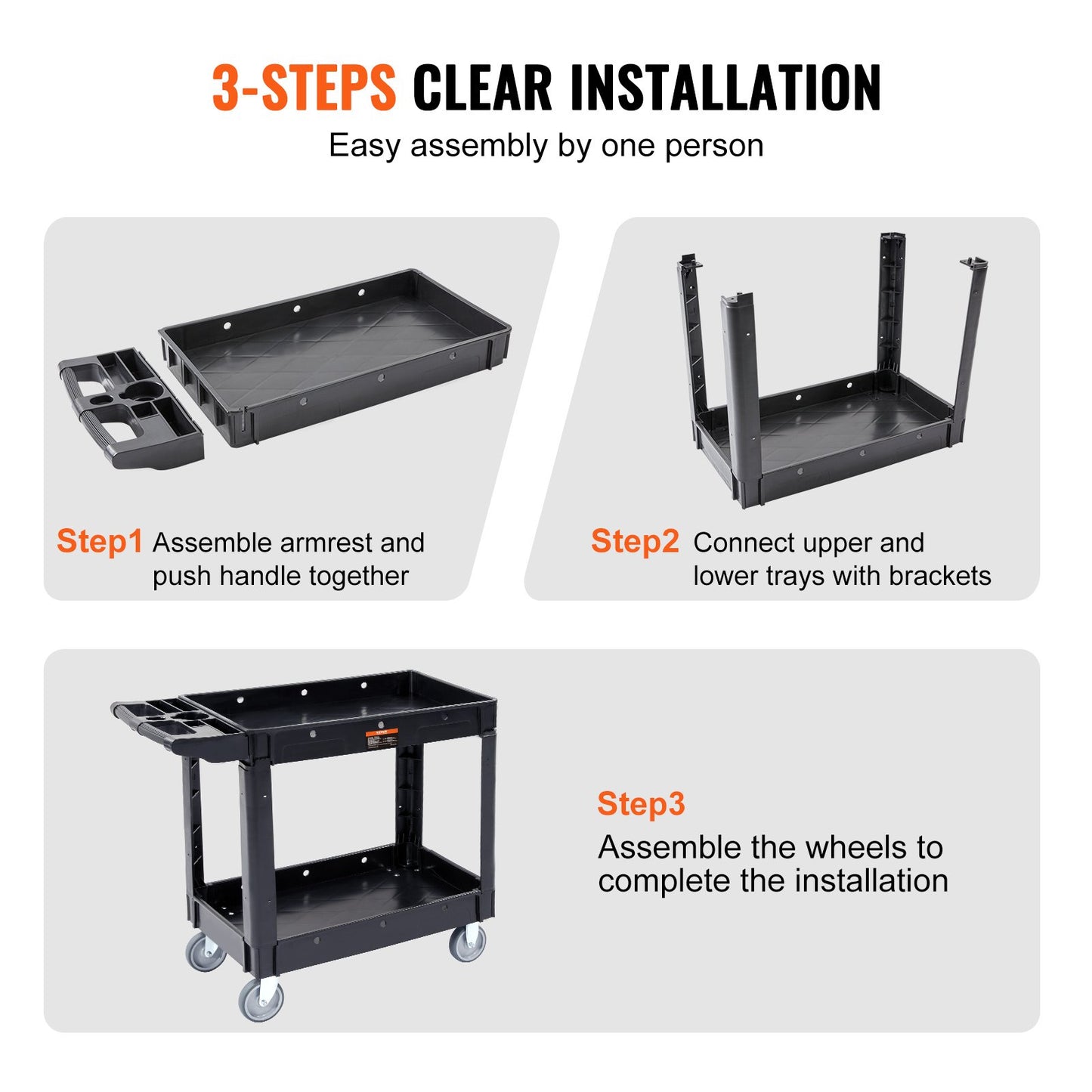 VEVOR Utility Service Cart, 2 Shelf 550LBS Heavy Duty Plastic Rolling Utility Cart