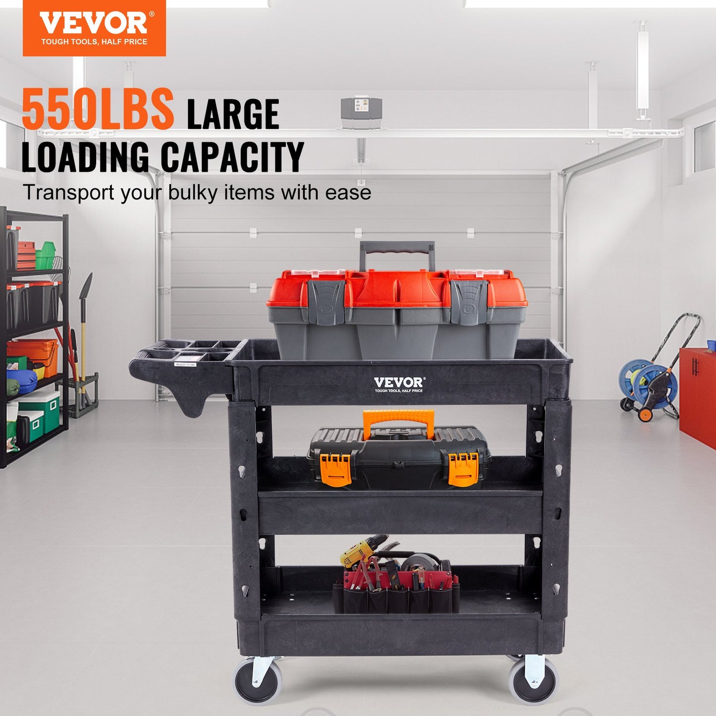 VEVOR Utility Service Cart, 3 Shelf 550LBS Heavy Duty Plastic Rolling Utility Cart