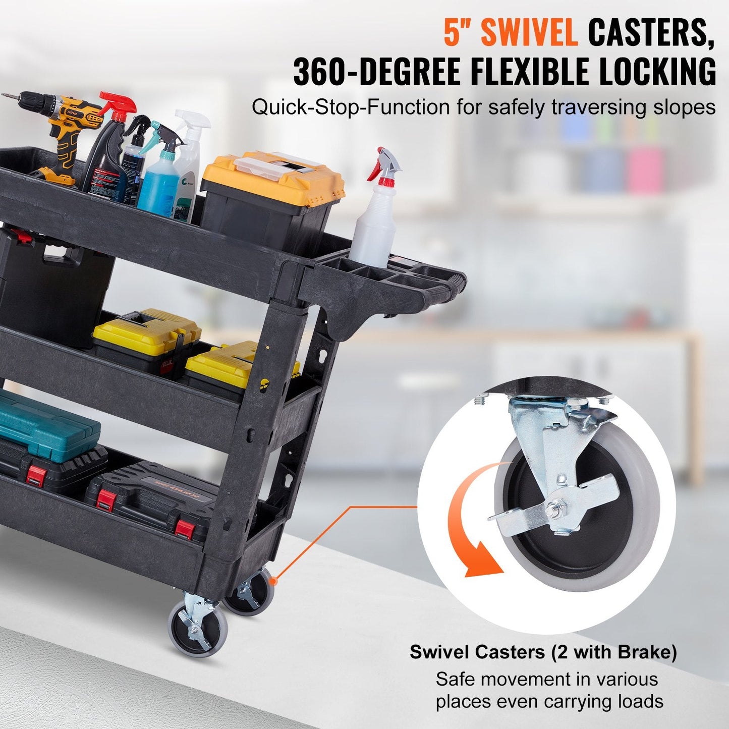 Heavy Duty 3-Shelf Rolling Utility Cart with Swivel Wheels, 250 kg Capacity
