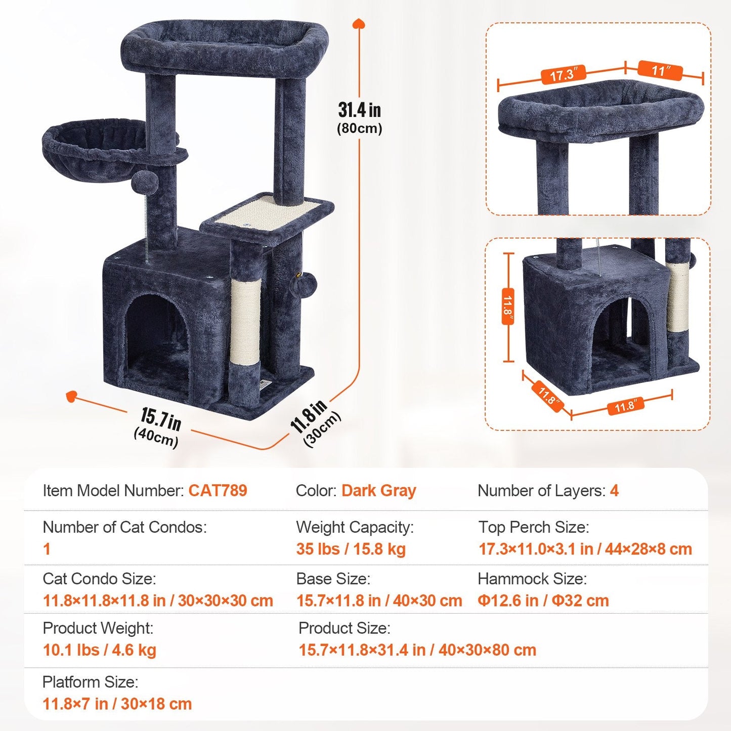 Dark Grey 80 cm Cat Tower with Condo and Sisal Scratching Post
