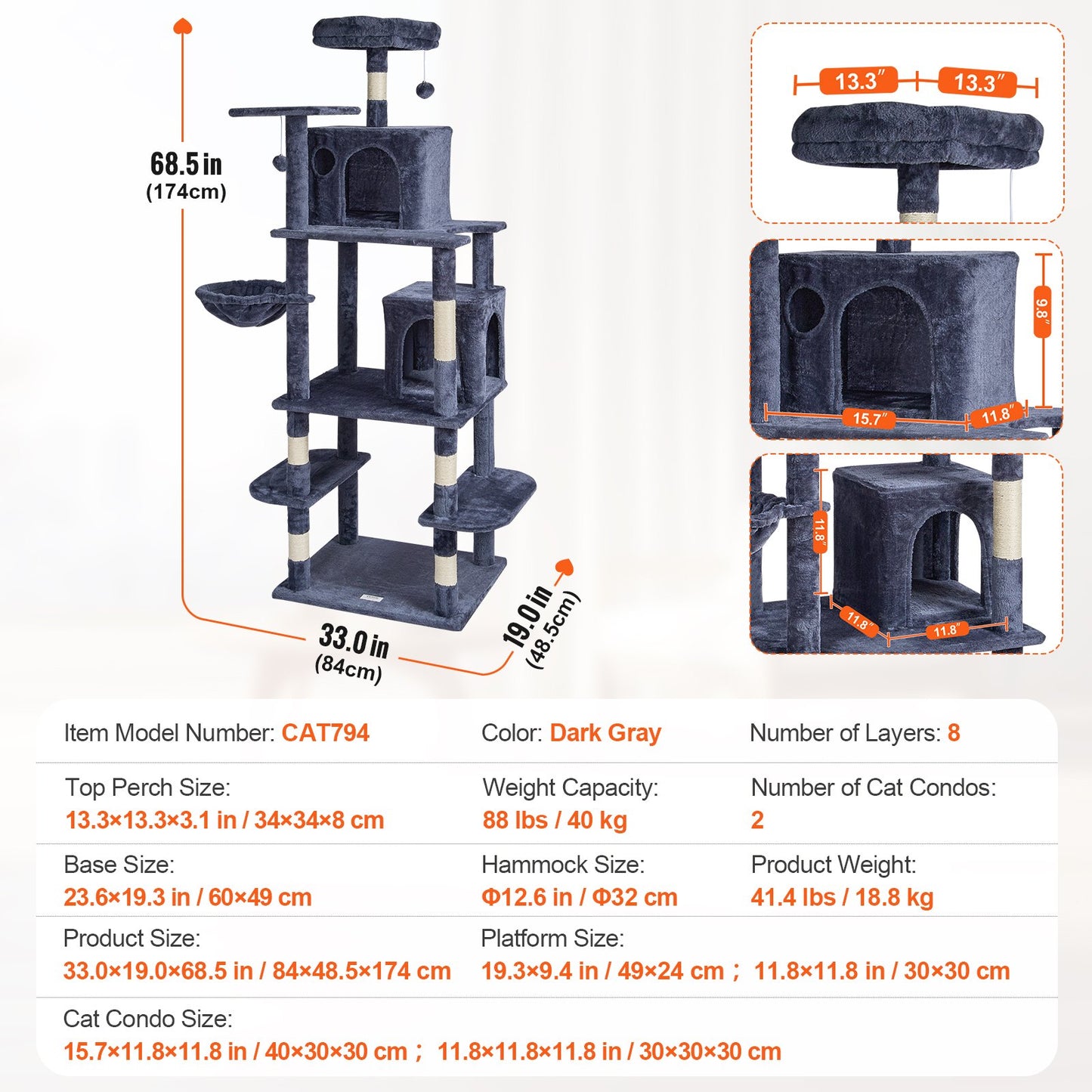 VEVOR Cat Tree 174 cm Cat Tower with Cat Condos Sisal Scratching Post Dark Grey