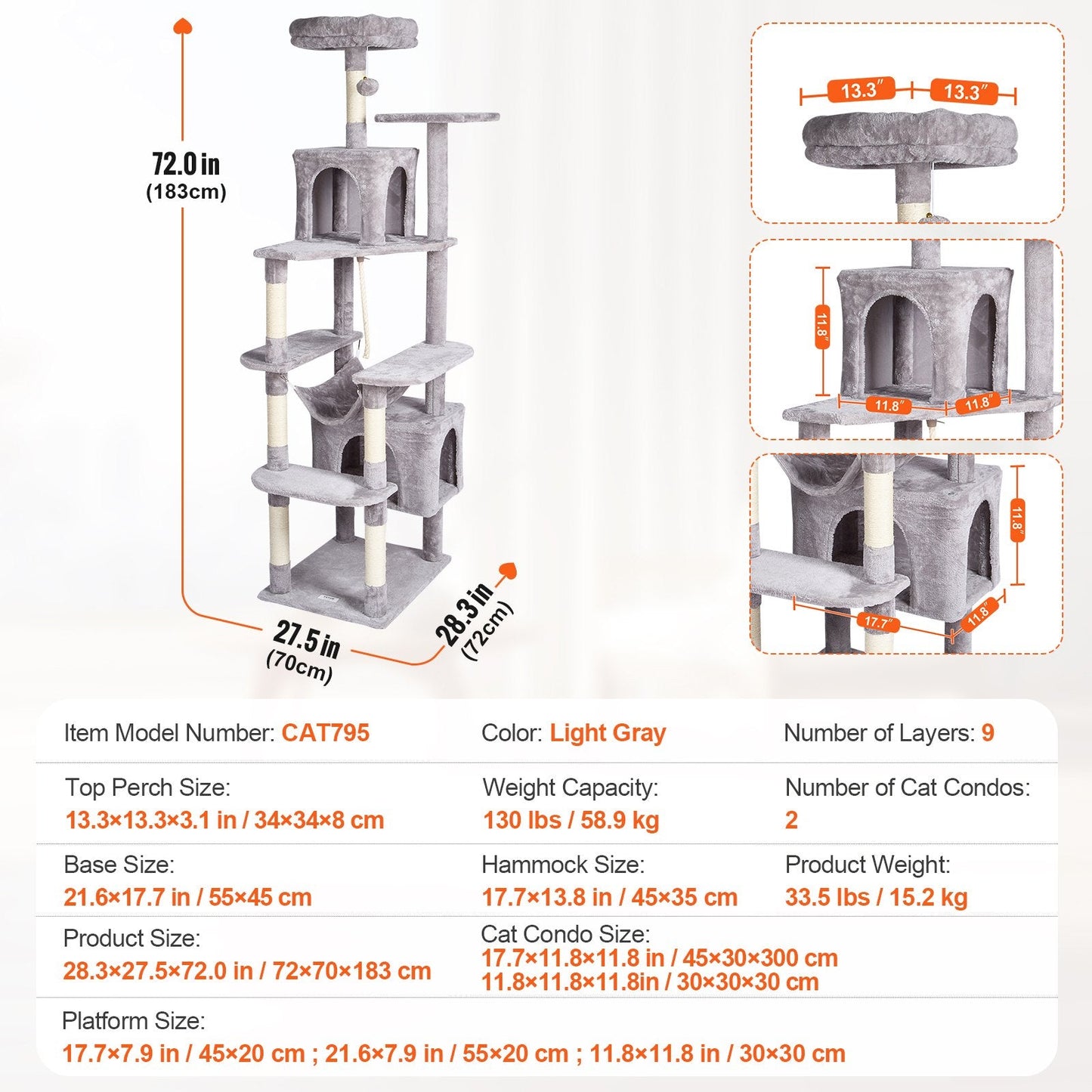 183 cm Cat Tower with 2 Condos and Scratching Post, Light Grey