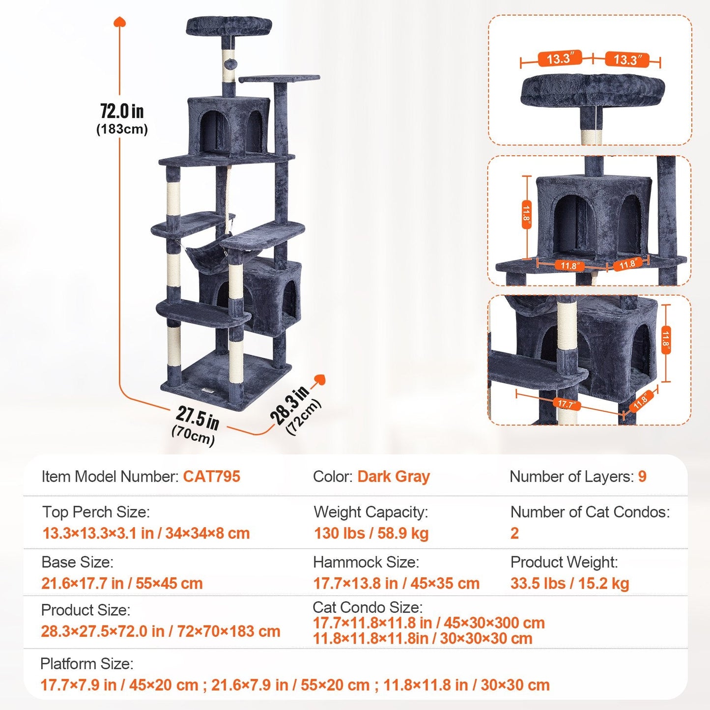 183cm Cat Tower with Condos and Sisal Posts in Dark Grey