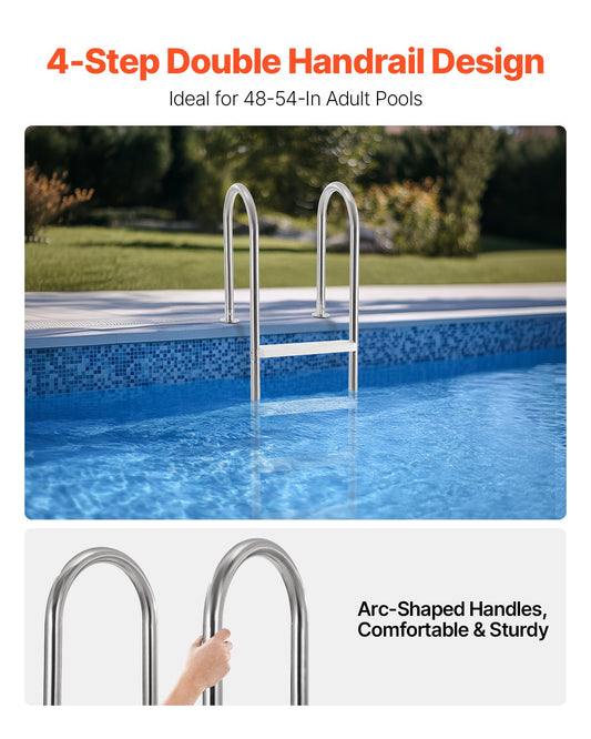 VEVOR 4-Step Stainless Steel Pool Ladder of 2 Handrail for 1371.6 mm Decked Pool