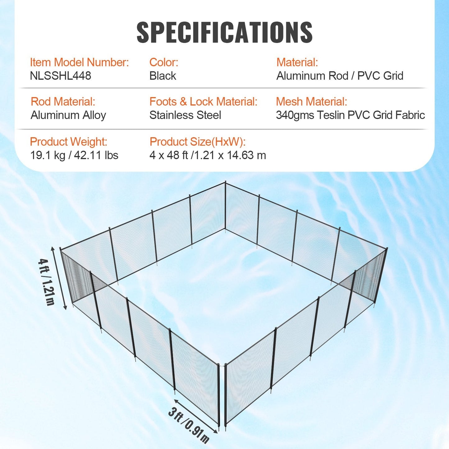 Removable 1.21 x 14.63m Child Safety Pool Fence for Inground Pools, Black Mesh