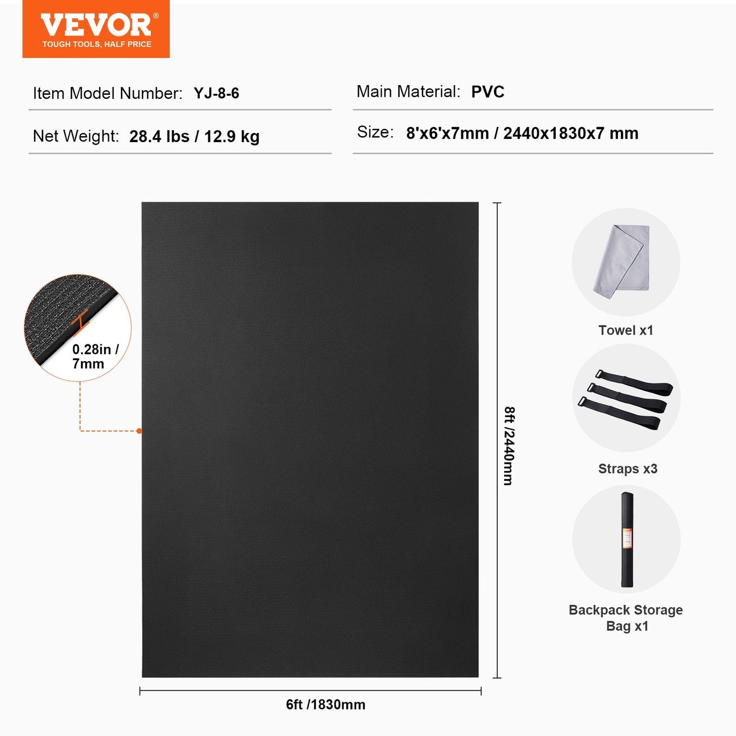 Large Non-Slip Yoga Mat with Carrying Strap, 2.4x1.8m for Home Workouts