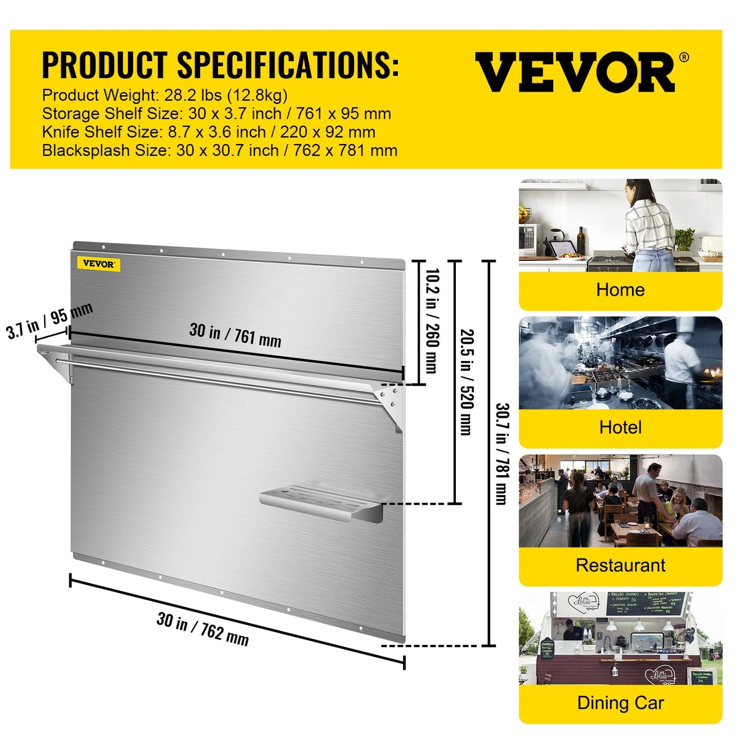 Stainless Steel Range Backsplash with Shelf, 0.76 x 0.78 m, Easy to Clean