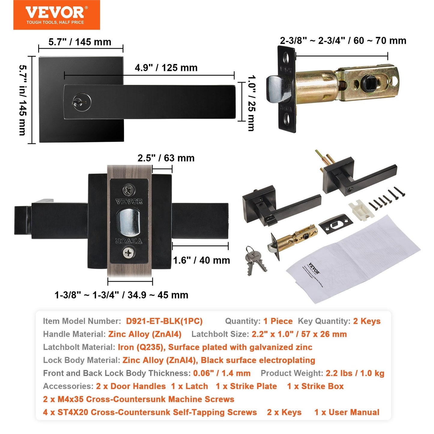 Black Entry Door Lever with Key Lock, Reversible Handle for Right/Left Doors