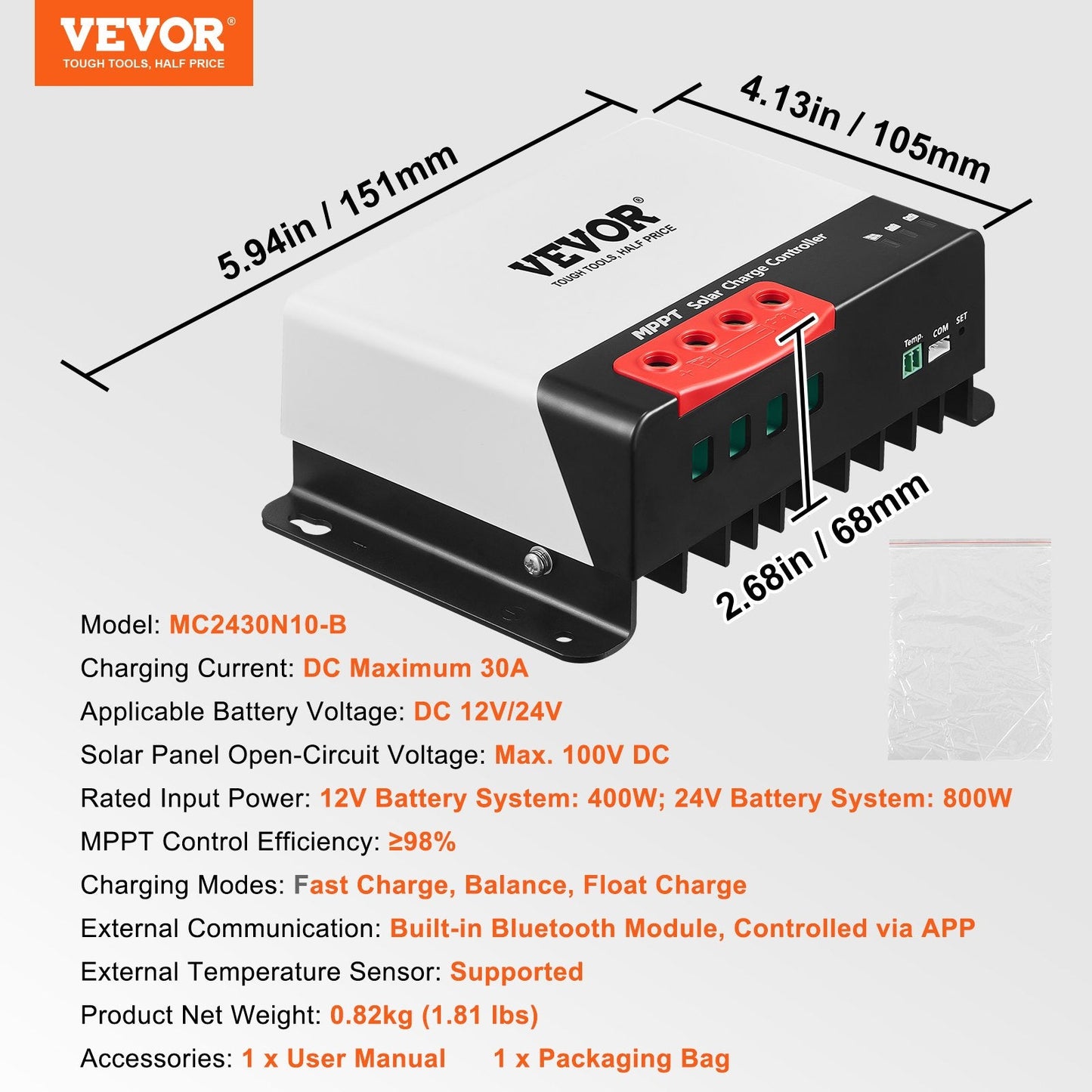 30A MPPT Solar Charge Controller with Bluetooth & 98% Efficiency for 12V/24V Batteries