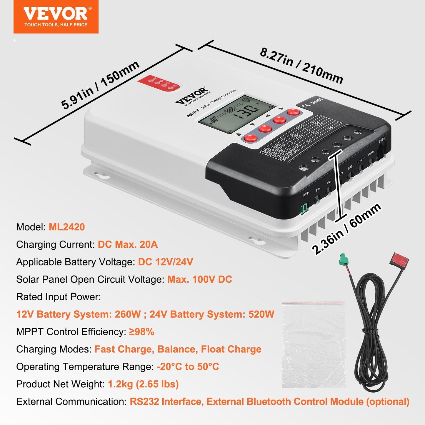 20A MPPT Solar Charge Controller with LCD for 12V/24V Battery Charging