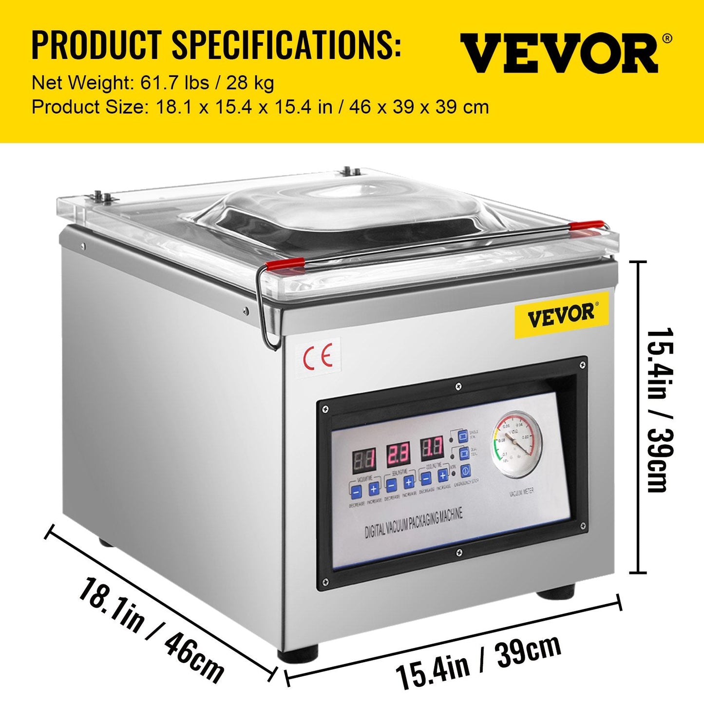 Digital Vacuum Sealer with Stainless Steel, 27.6 kg - 220V, 0.35m Chamber Size