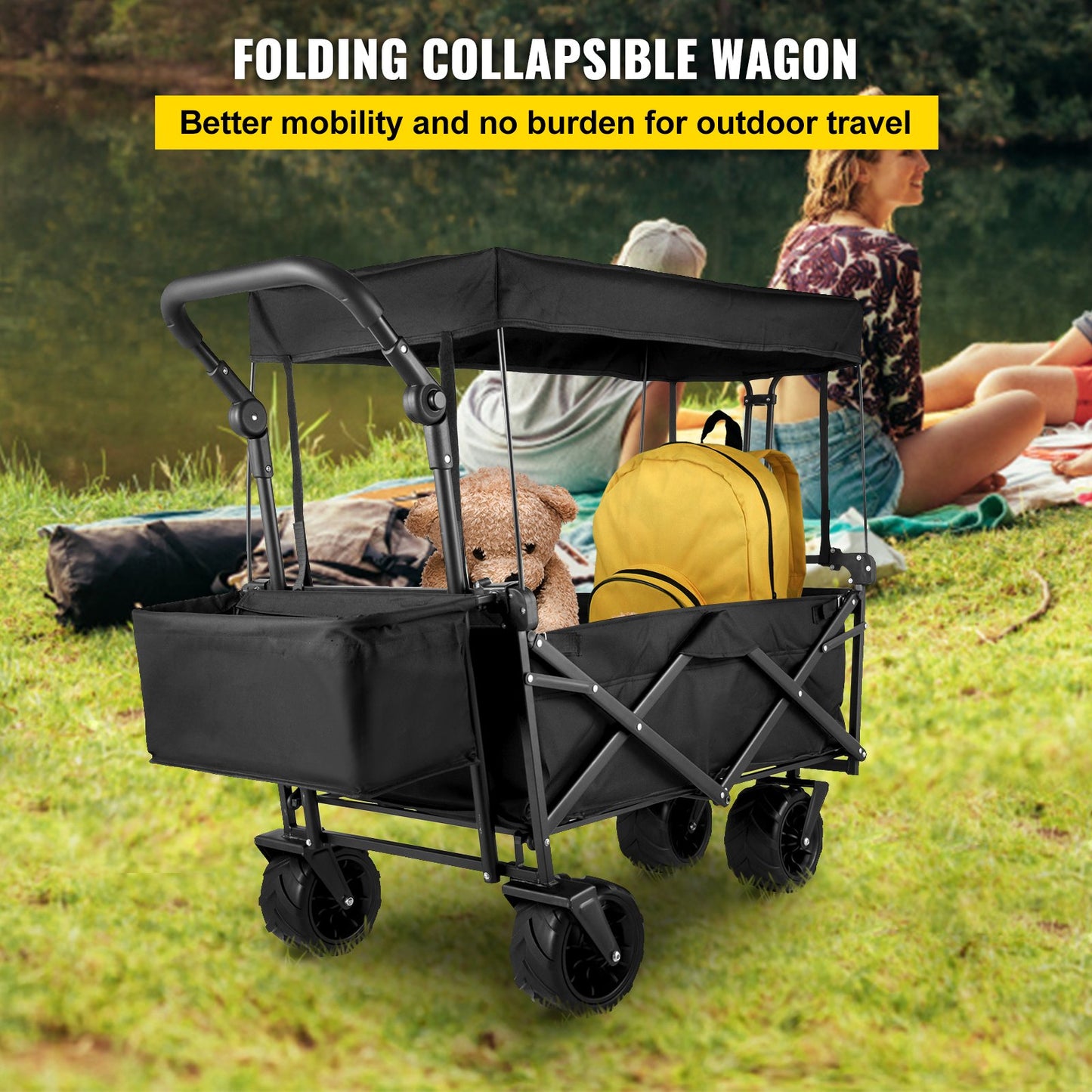 VEVOR Folding Wagon Cart, Collapsible Folding Garden Cart w/ Shade Beach Utility
