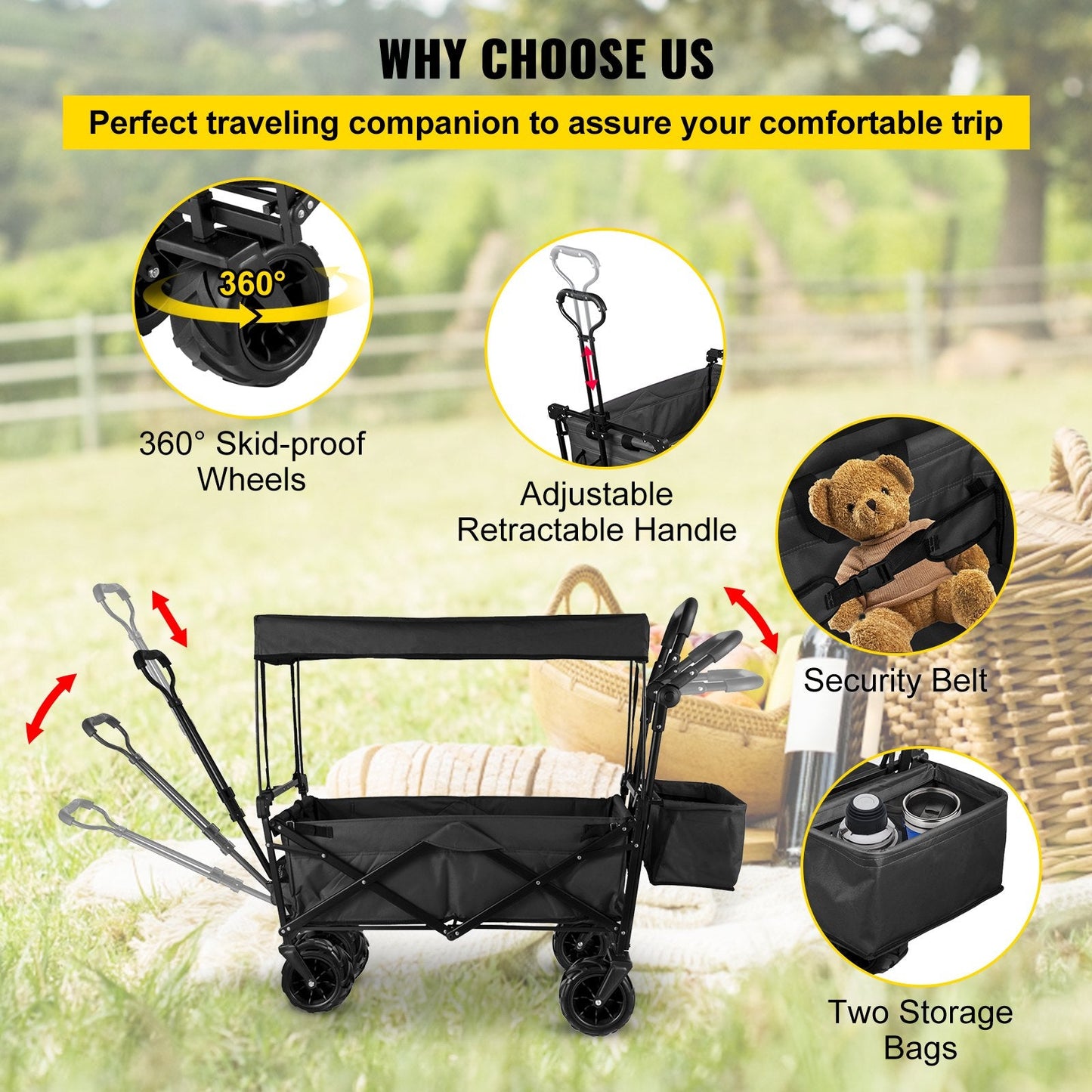 Collapsible Garden Wagon with Shade, All-Terrain Wheels, 100 kg Capacity, Black