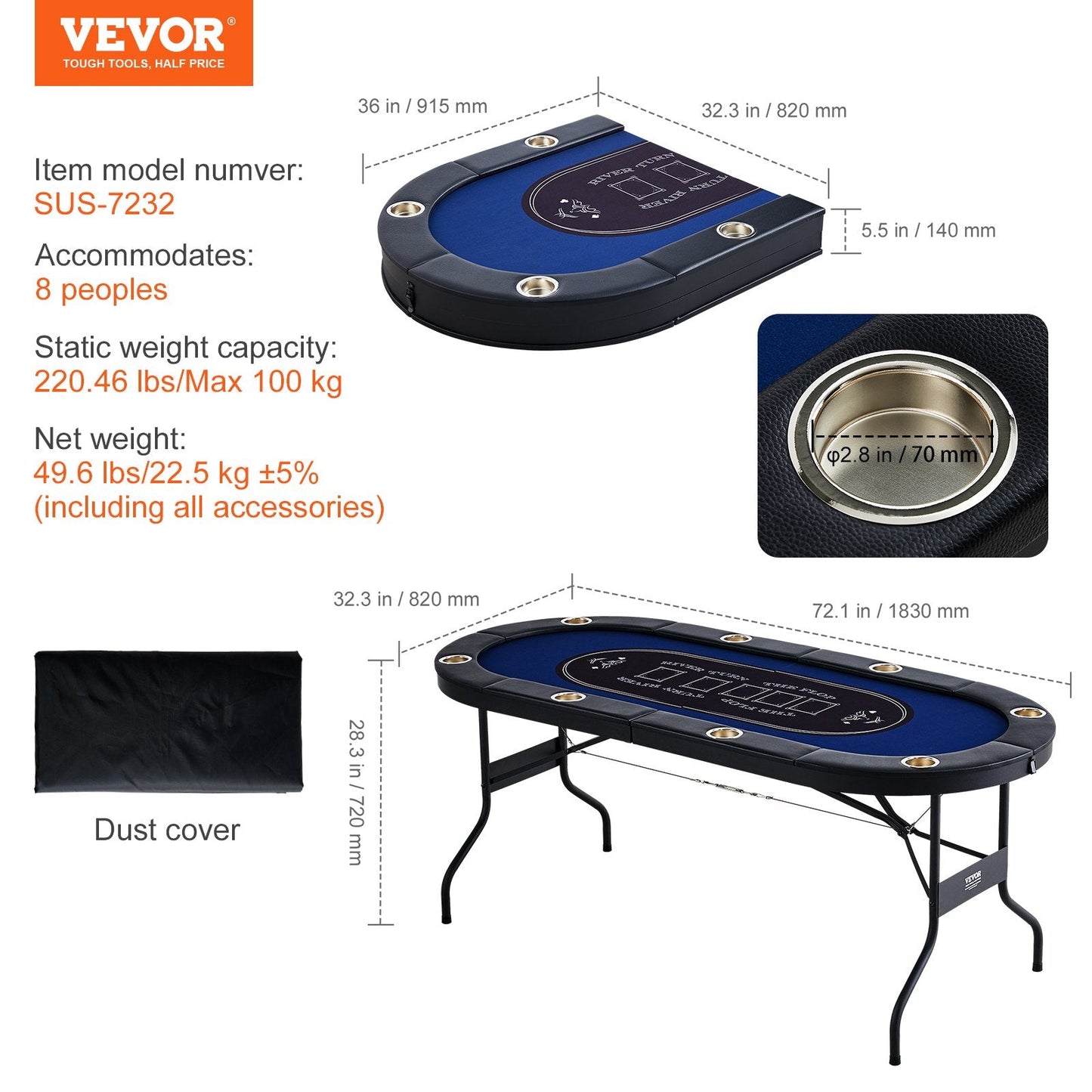 8-Player Foldable Poker Table with Padded Rails, 183cm Casino Blue