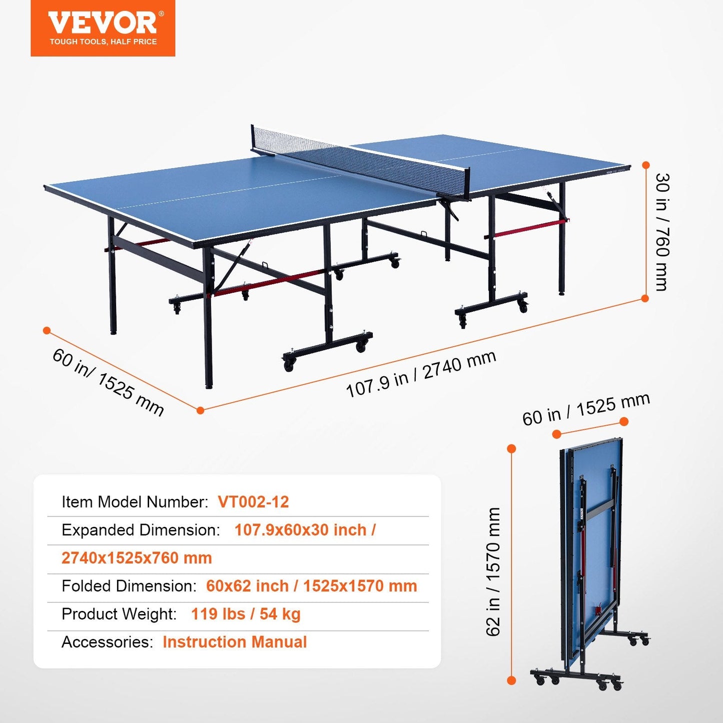 Foldable Indoor Table Tennis with Clamp Net, 2.74x1.52x0.76m, 54kg, Easy Setup