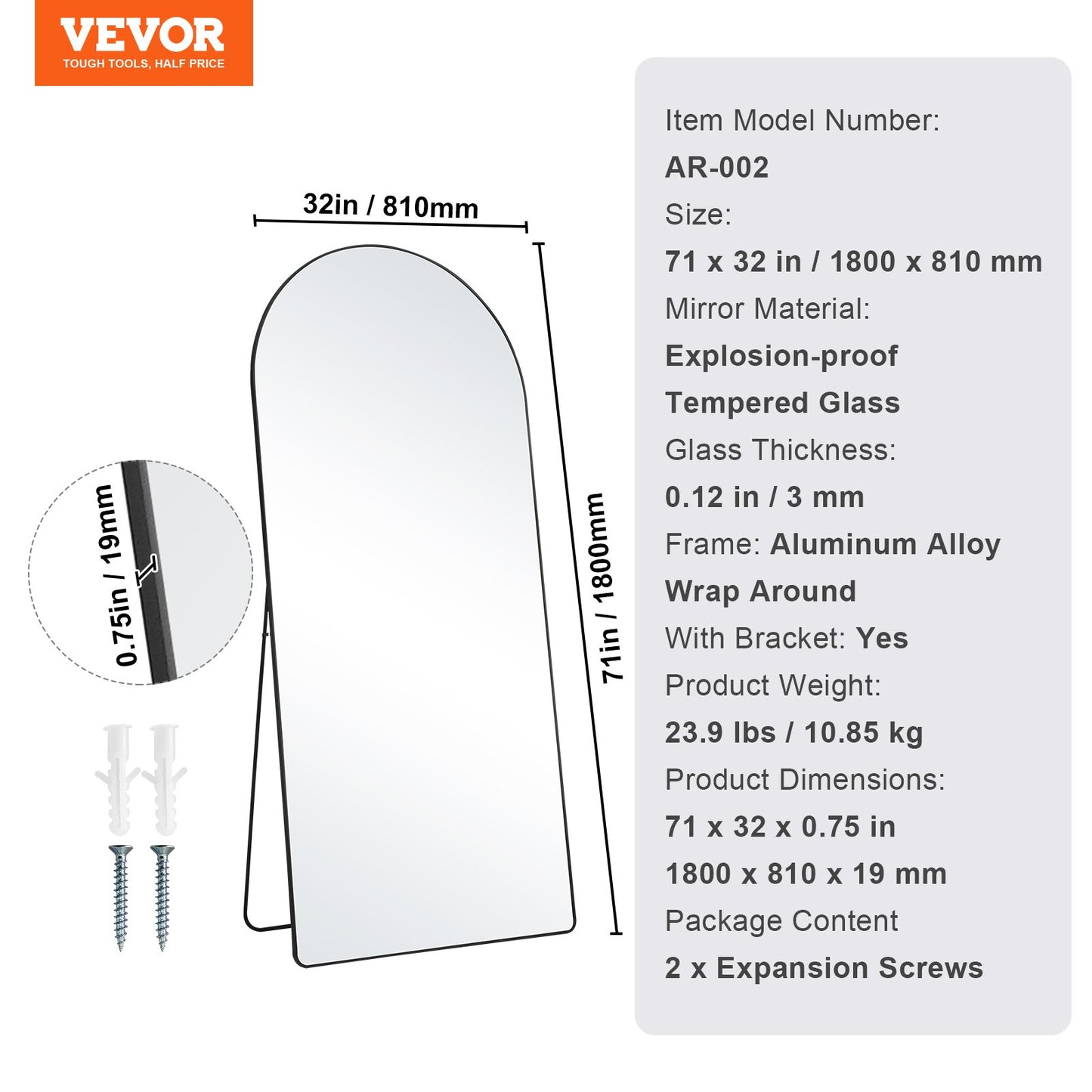 VEVOR Arched Full Length Mirror, 1800 x 810 mm, Large Free Standing Leaning Hanging