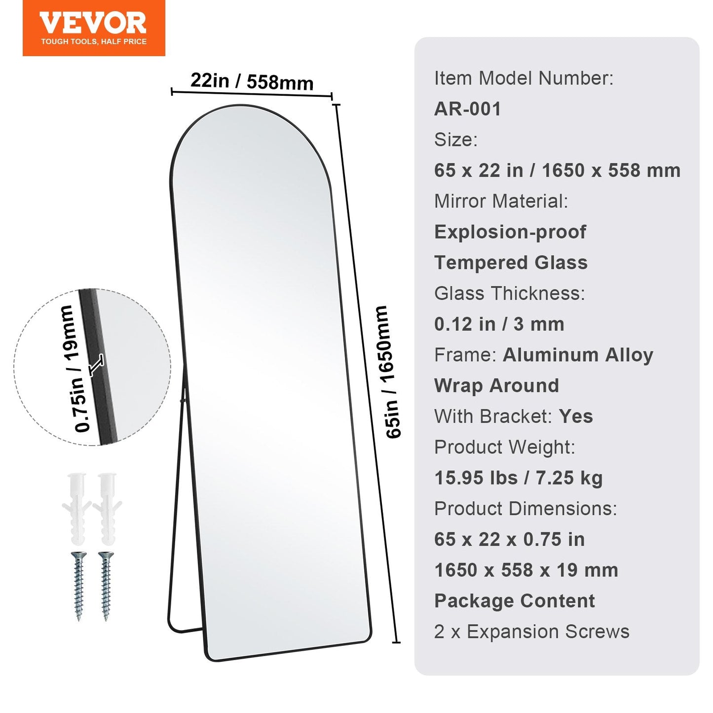 Arched Full Length Mirror 1.65 x 0.56m, Freestanding & Wall Mounted, Black