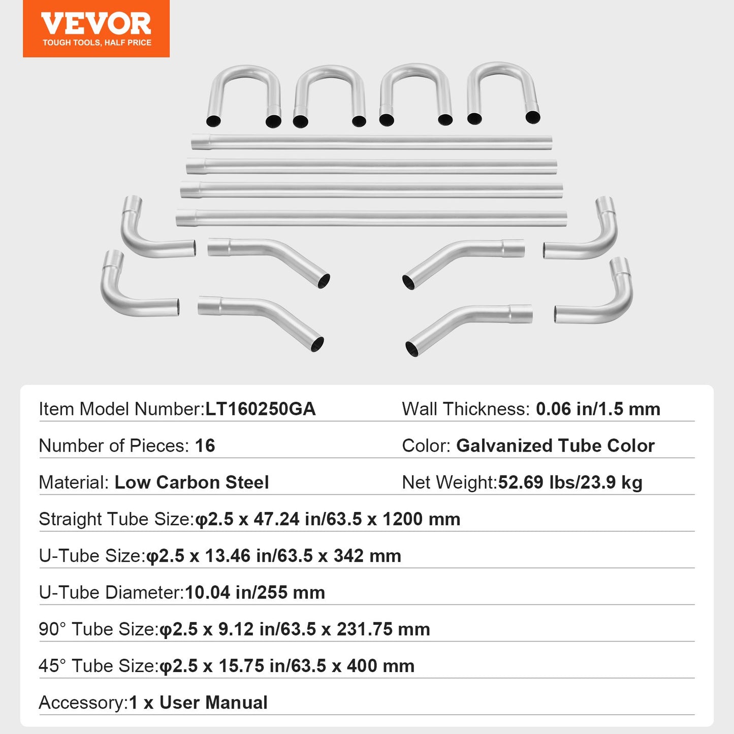 VEVOR DIY Universal Exhaust Kit 16 Pieces Exhaust Pipe Kit with Slip-Fit Joint