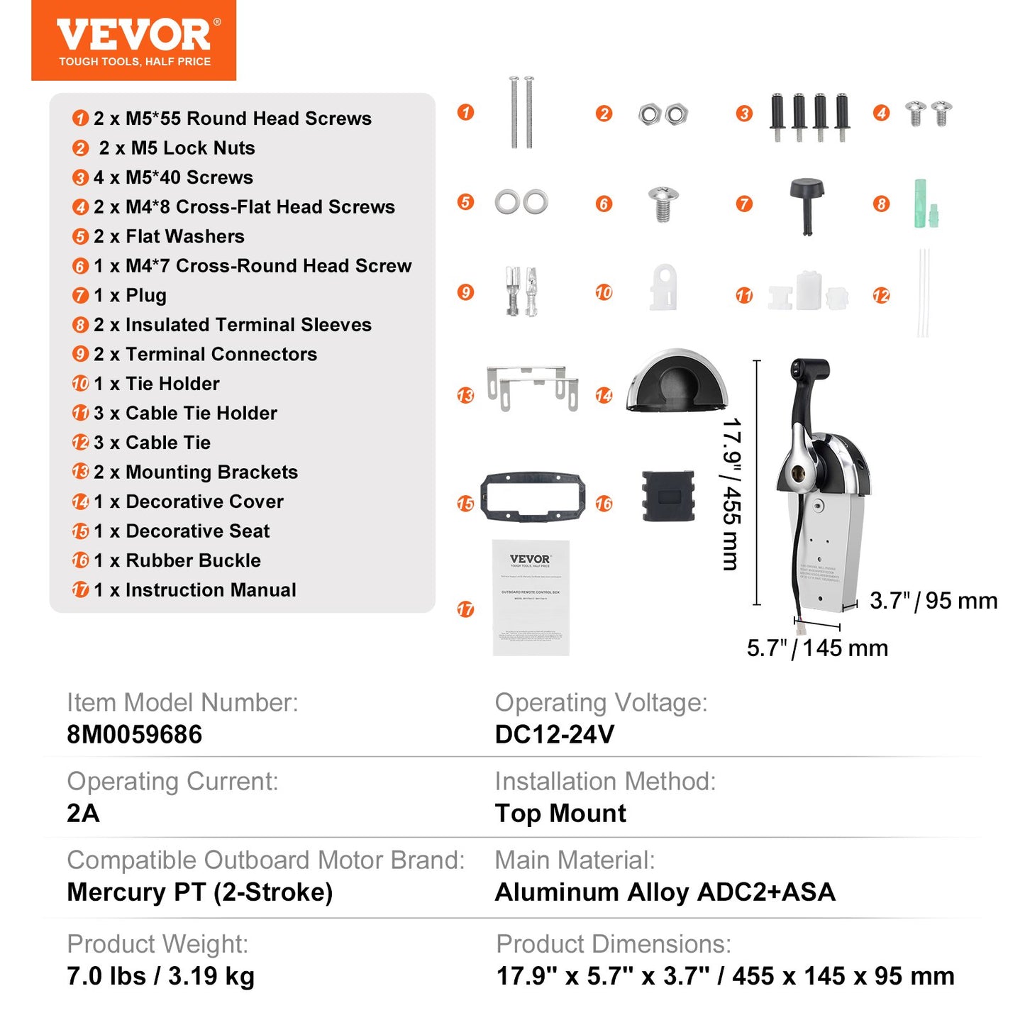 VEVOR Boat Throttle Control, 8M0059686 Top-Mounted Outboard Remote Control Box for