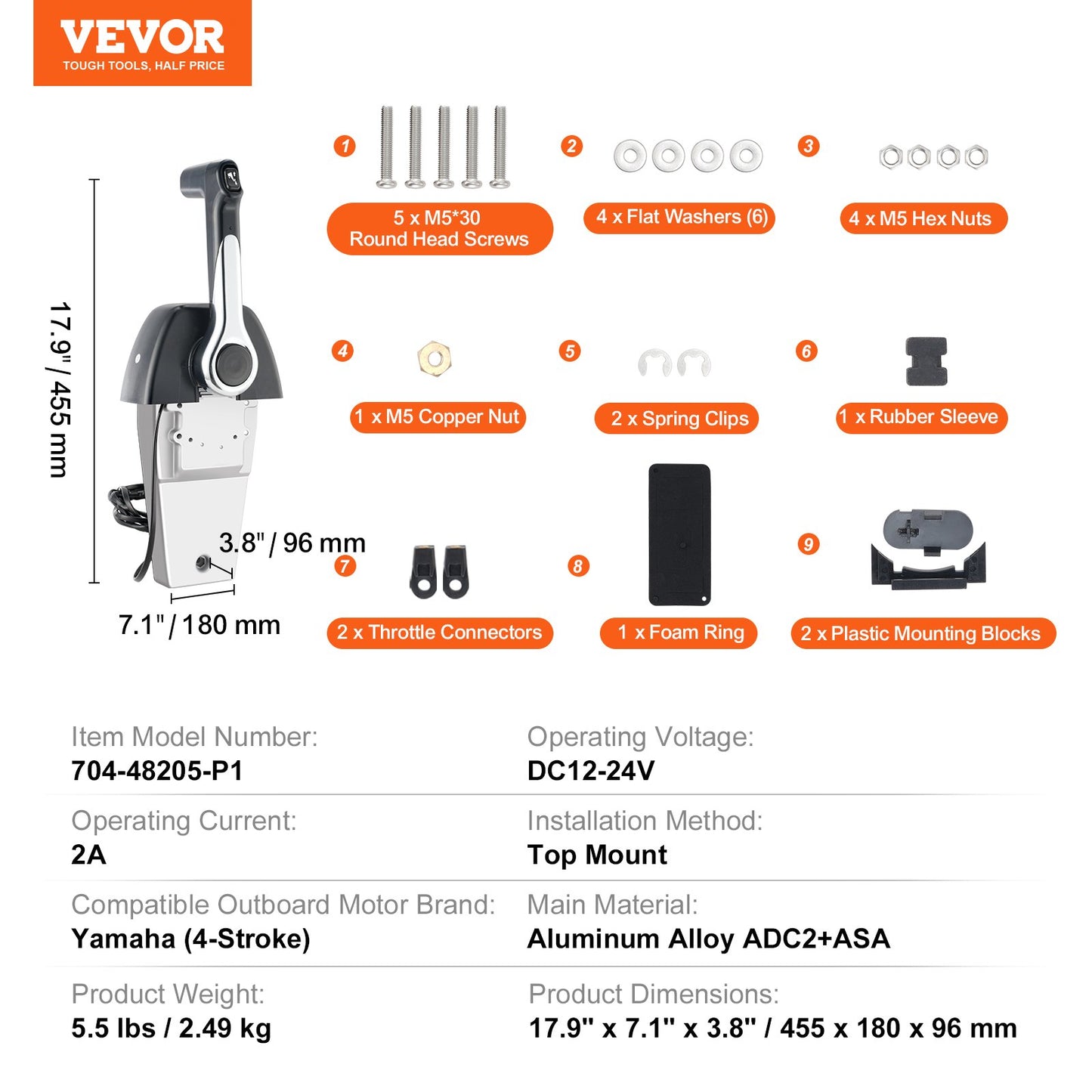 VEVOR Boat Throttle Control, 704-48205-P1 Top-Mounted Outboard Remote Control Box