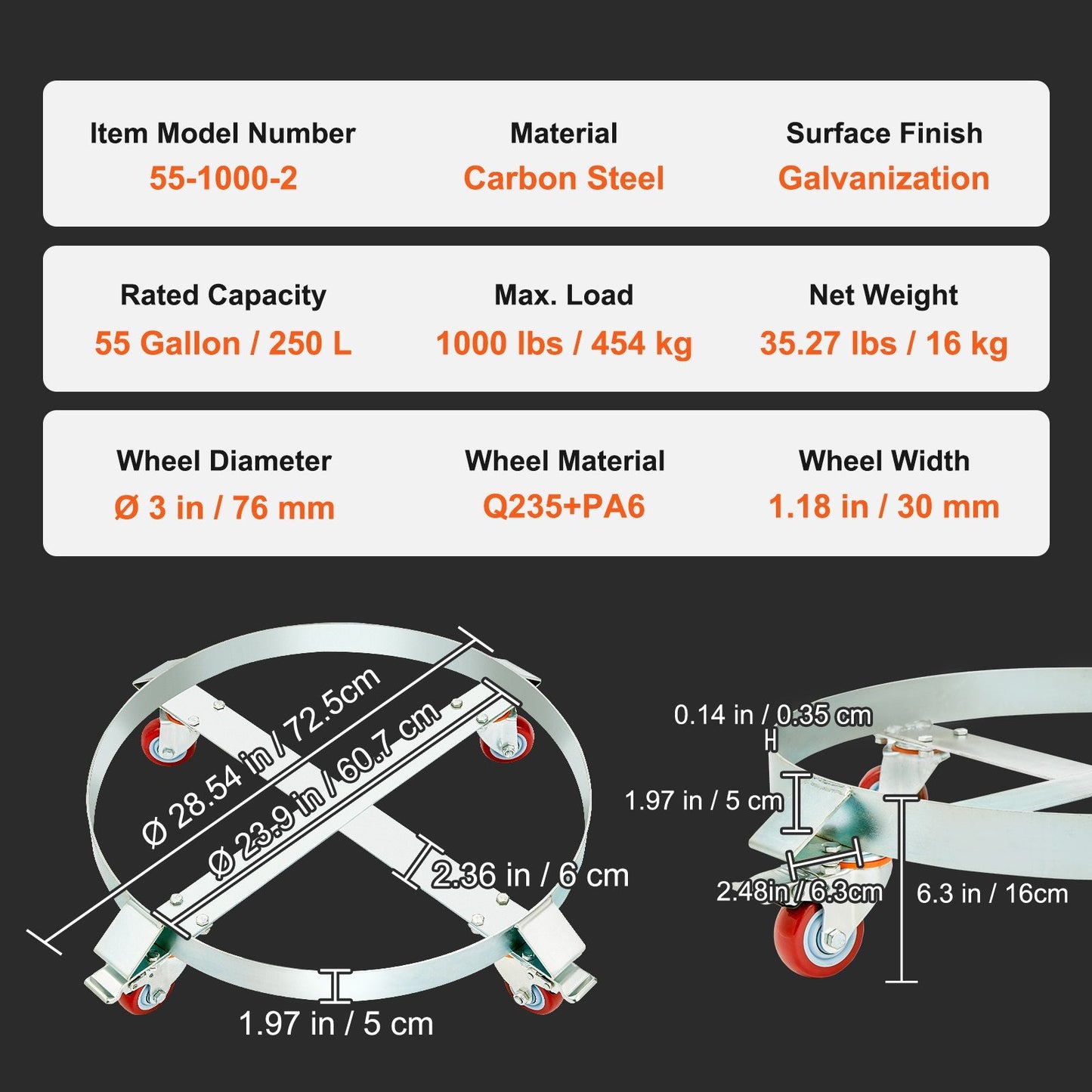 2PCS 250L Heavy Duty Drum Dolly, 454kg Load, Steel Frame & Swivel Casters