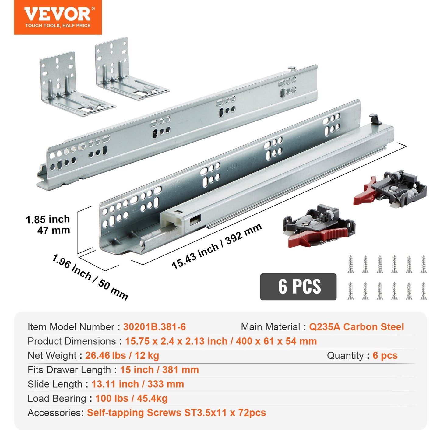 VEVOR 6 Pairs of 381mm Drawer Bottom Side Mount Rails, Heavy Duty Full Ball Bearing