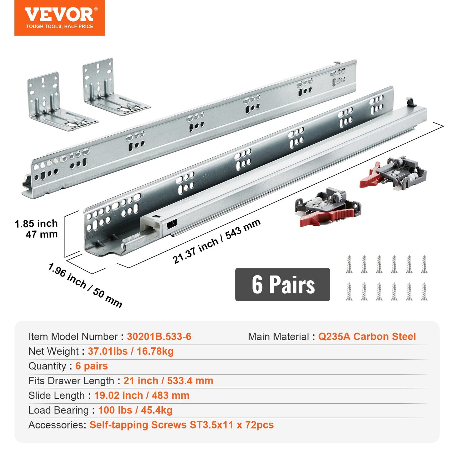 VEVOR 6 Pairs of 533.4mm Drawer Bottom Side Mount Rails, Heavy Duty Full Ball Bearing