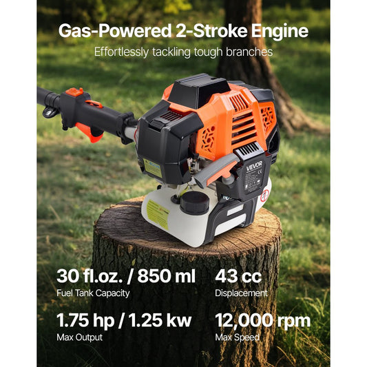 Gas Pole Saw 43CC 2-Stroke Cordless Tree Trimmer 25.4 cm Cutting Bar