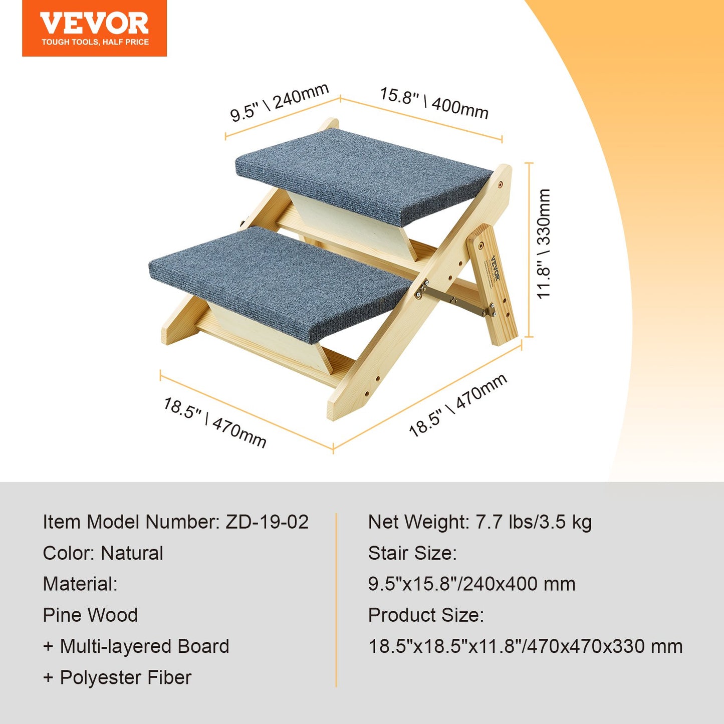 VEVOR Wood Pet Stairs/Pet Steps, 2-in-1 Foldable Wooden Dog Stair for Beds, Sofa