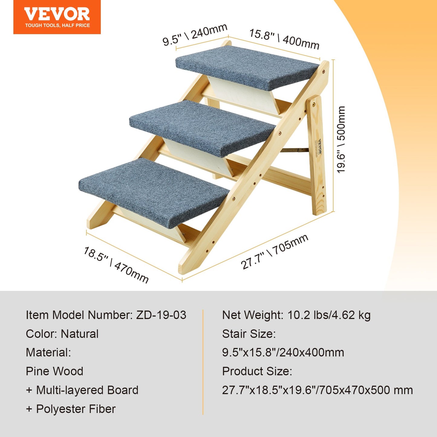 VEVOR Wood Pet Stairs/Pet Steps, 2-in-1 Foldable Wooden Dog Stair for Beds, Sofa