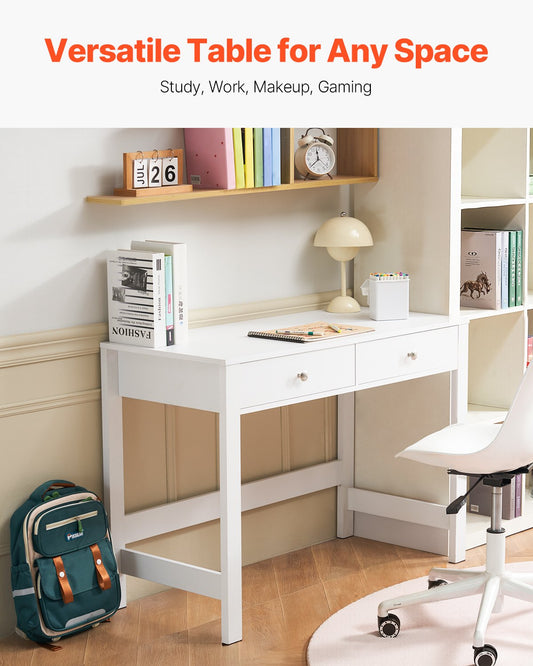 Small Desk with Drawers, Kids Desk for Bedroom, Modern Simple Study Table for Drawing, Reading, Writing, Rectangle MDF Furniture Study Storage Table for Home, Office, White
