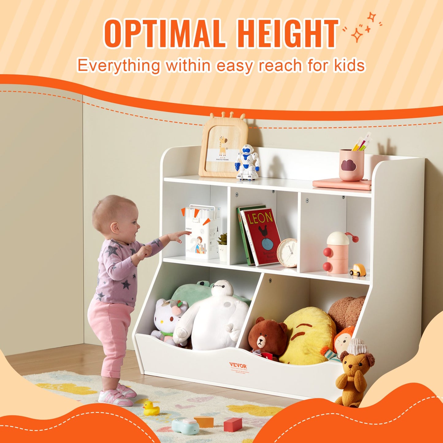 VEVOR Wood Kid Storage Cubby, Toy Storage Organizer with Bookshelf, 5-Cubby Wood