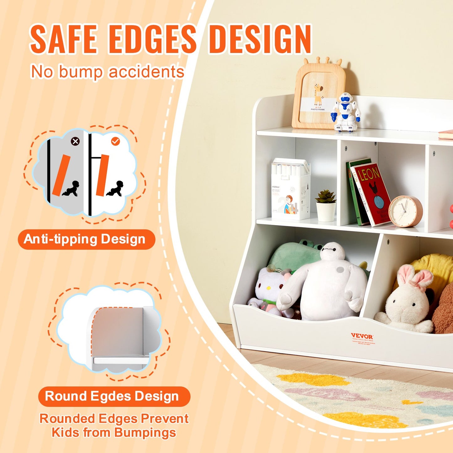 VEVOR Wood Kid Storage Cubby, Toy Storage Organizer with Bookshelf, 5-Cubby Wood