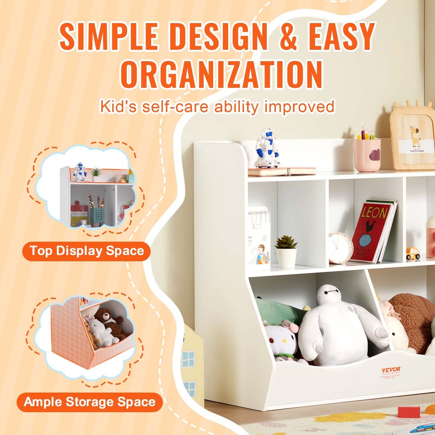 VEVOR Wood Kid Storage Cubby, Toy Storage Organizer with Bookshelf, 5-Cubby Wood