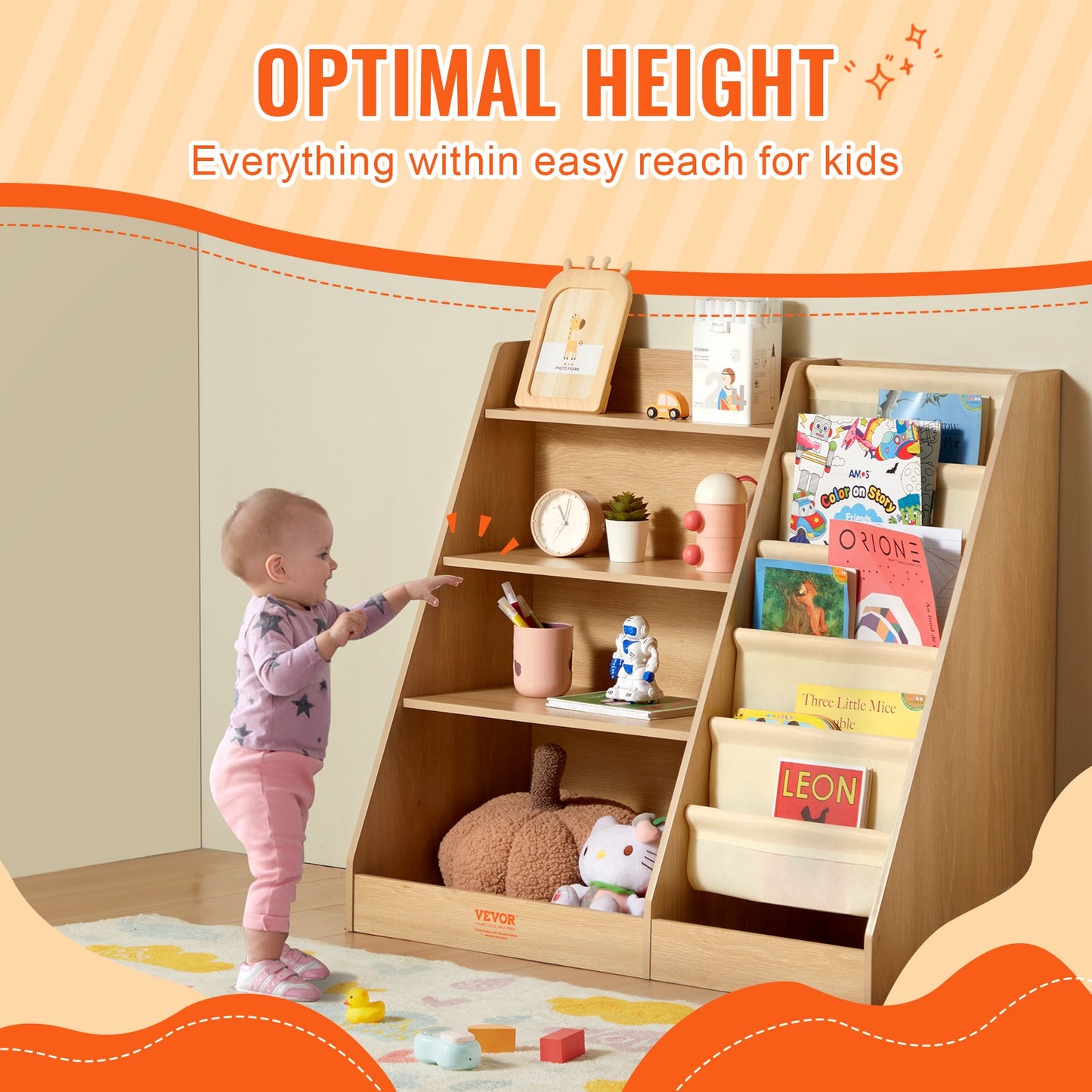 VEVOR 4-Tier Kids Wooden Bookshelf, Six-Layer Sling Bookcase, Baby Storage Book