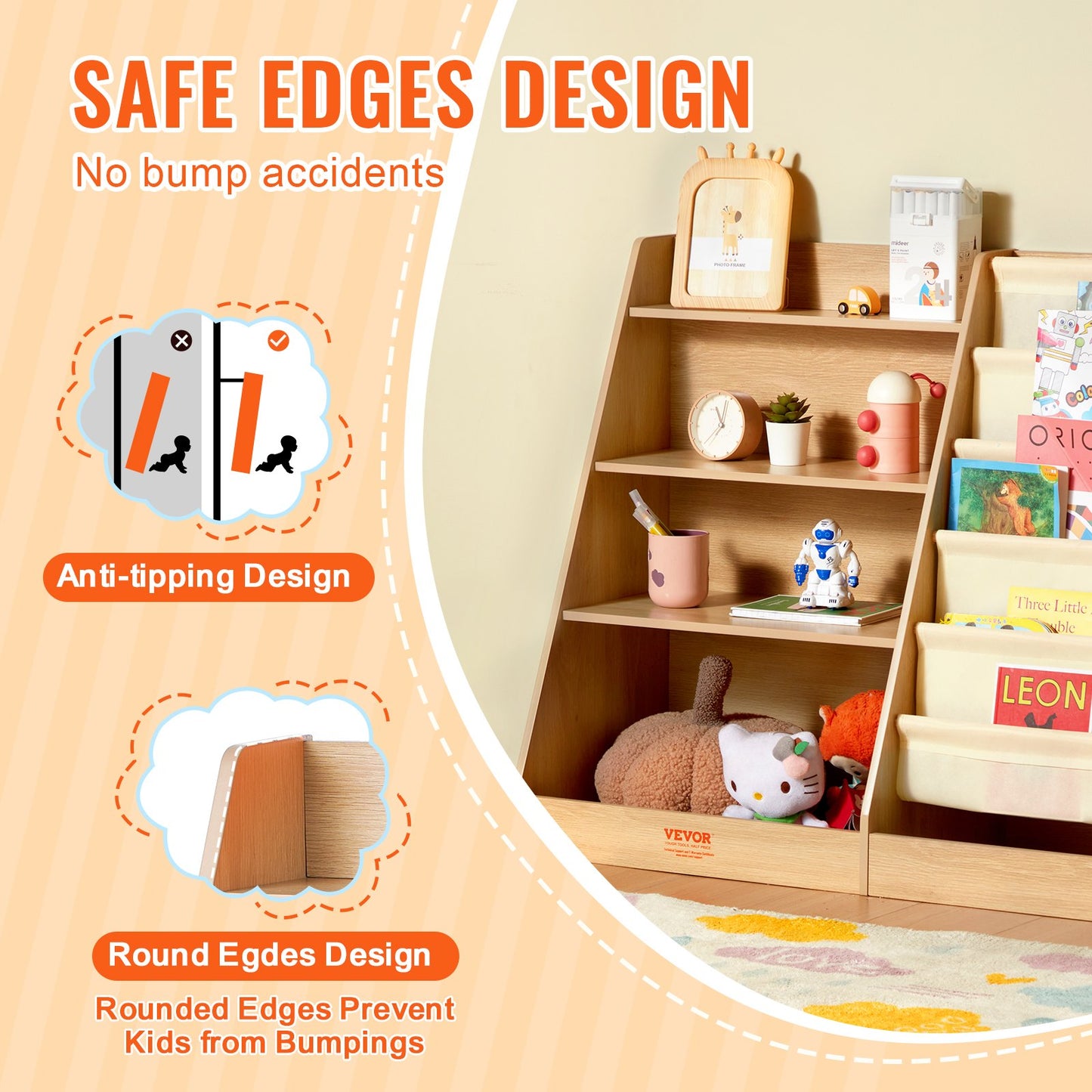 VEVOR 4-Tier Kids Wooden Bookshelf, Six-Layer Sling Bookcase, Baby Storage Book