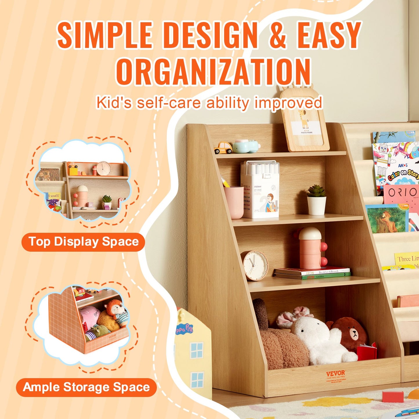 VEVOR 4-Tier Kids Wooden Bookshelf, Six-Layer Sling Bookcase, Baby Storage Book