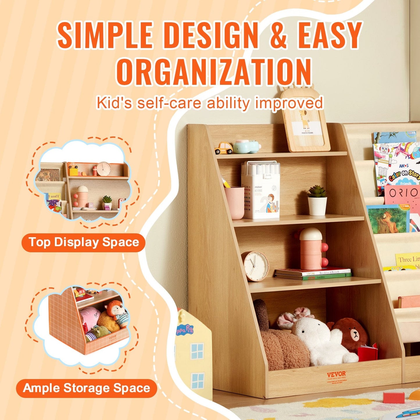 4-Tier Kids Wooden Bookshelf & Sling Bookcase with 10 Compartments