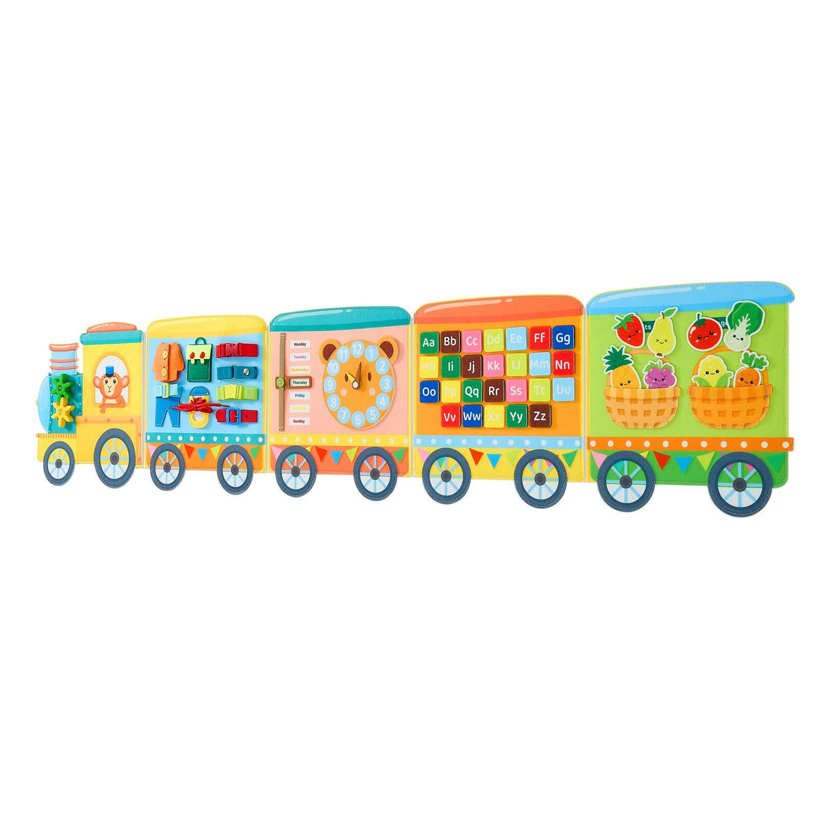 Felt Wall Busy Board, 14-in-1 Train Foldable Montessori Activity Toys, Travel Daycare, Classroom, Playroom, Home, Educational Sensory Panel, with Letters Fruits Vegetables Clock Learning Pieces