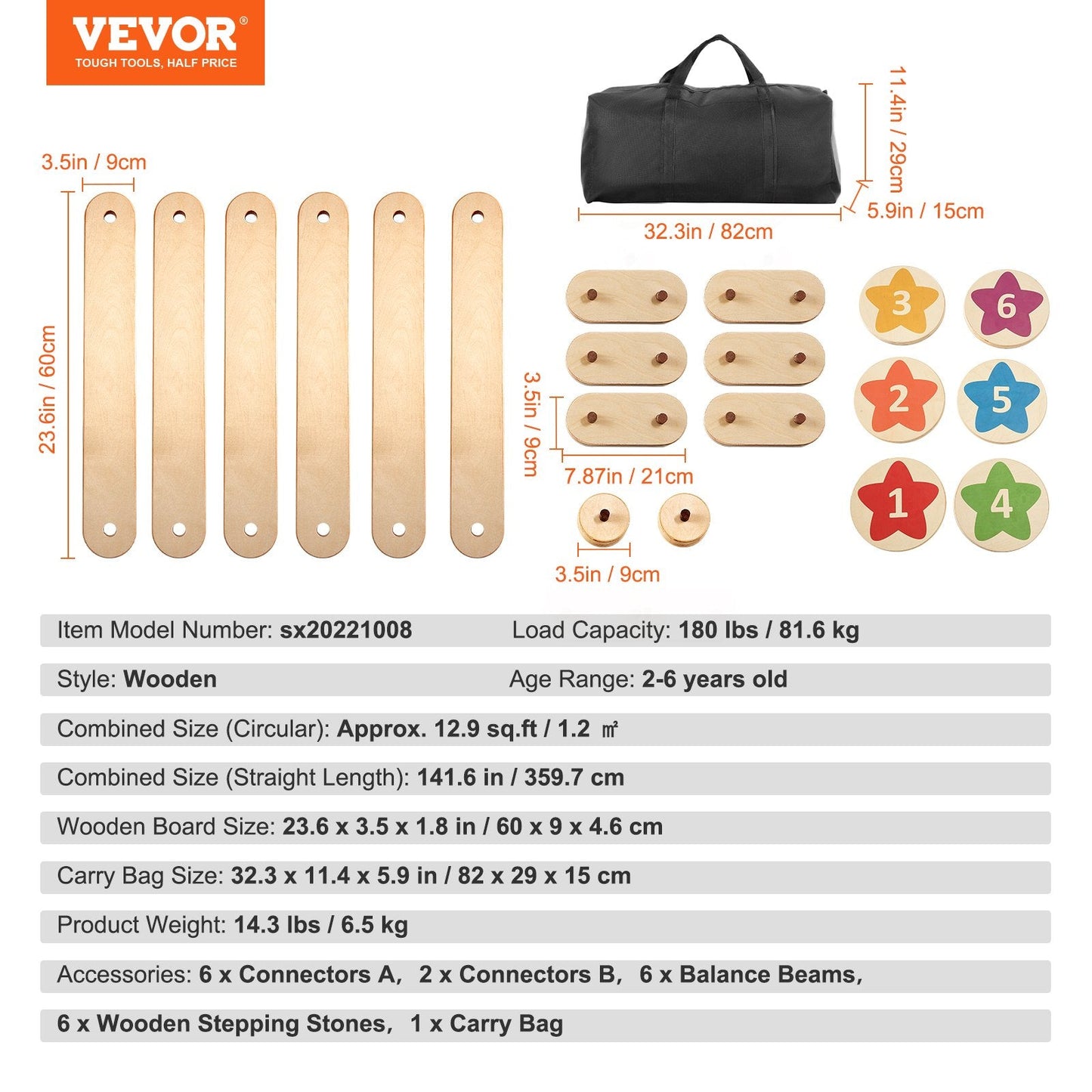 Kids Wooden Balance Beam & Stepping Stones Set with Storage Bag, 6 Pieces