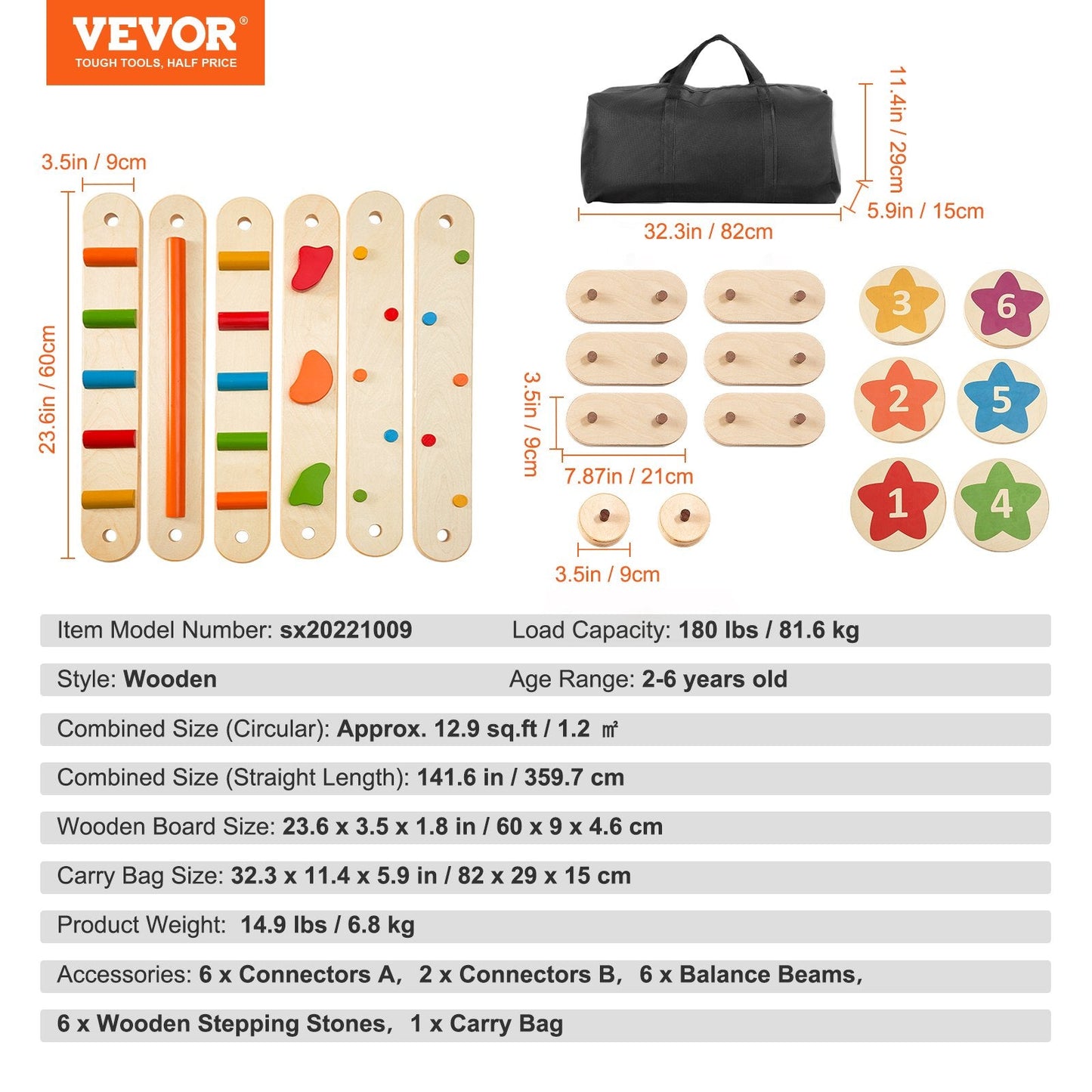 Wooden Kids Balance Beam Set with Stepping Stones - 6 Pieces, Ages 2-6